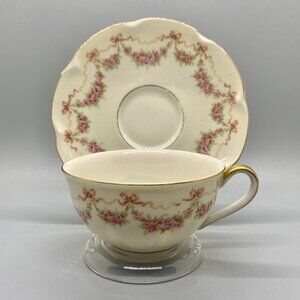 Theodore Haviland Hamilton Pink Rose Garland Cup and Saucer with Display Stand